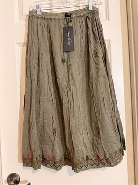 Young Threads Olive Embroidered Midi Skirt 100% Cotton